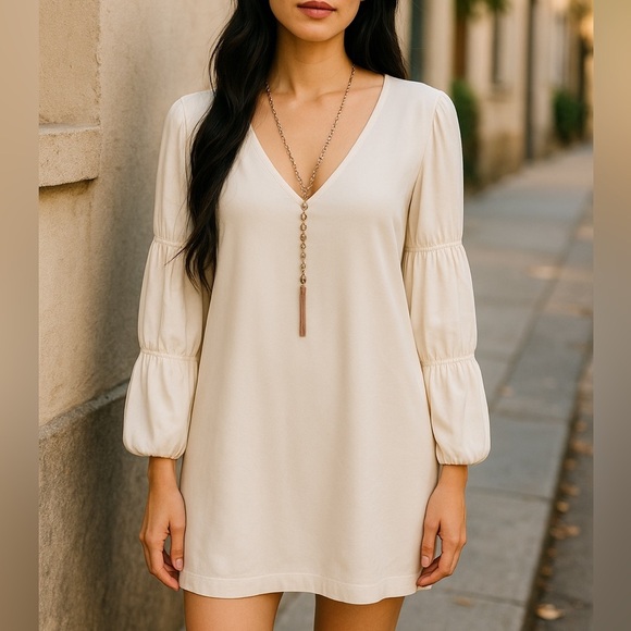BeBe PLUNGING OFF WHITE V-NECK MINI SHIFT DRESS SHEER SLEEVES FORMAL NWT SZ M - Picture 1 of 14